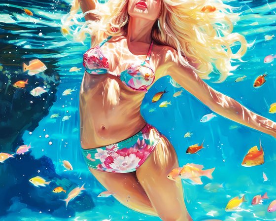 Blonde sexy hot woman under water in the sea, ocean with blue turquoise color waves and bright fishes. Original colorful marine style wall art for modern home decor. Art Gift