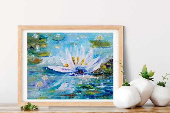 Lotus Painting Original Art Water Lily Artwork Small Floral Wall Art Flower Oil Painting