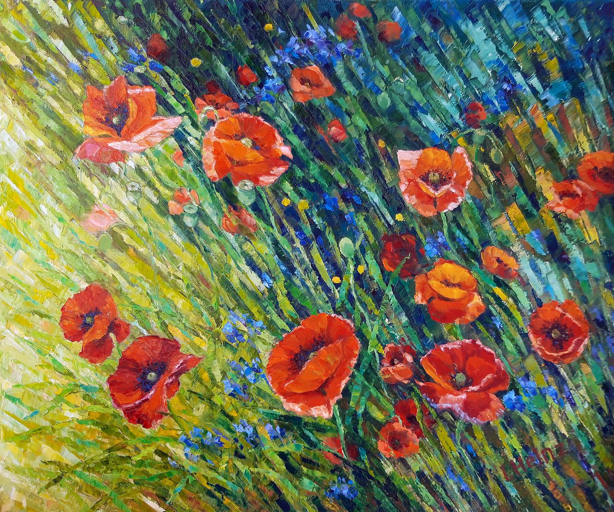 Impressionistic Botanical Oil Painting By Irena Heinz, 22 X 18, Poppy Meadow, Original Artwork