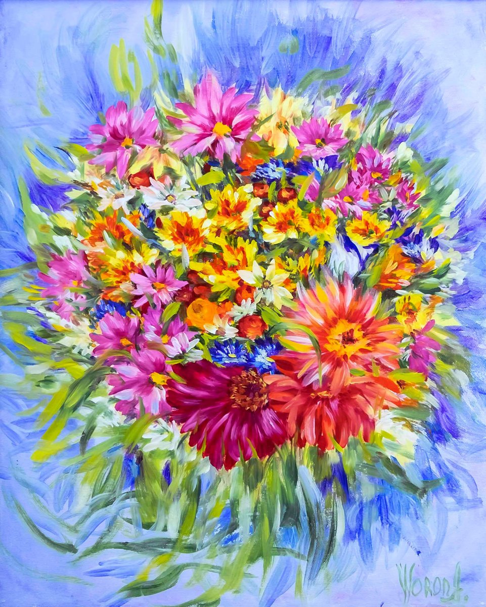 Impressionistic Botanical Oil Painting By Anastasia Woron, 17 X 21, Flowers. Bouquet., Original Artwork