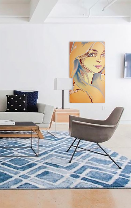 Vertical stylized modern portrait in warm yellow colors: Telxipea    162 x 97 cm - 64 x 38 in