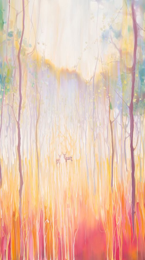 Elusive-2 - a large original oil on canvas of an autumn forest clearing with deer by Gill Bustamante