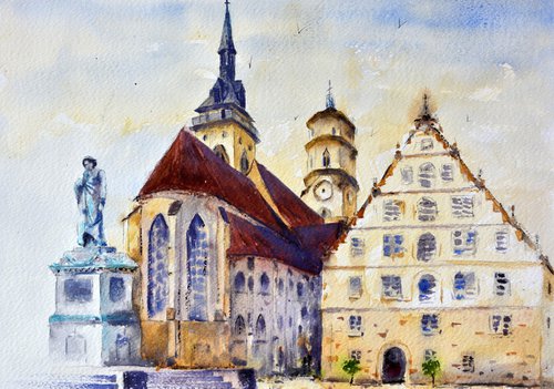 Schillerplatz chg. Stuttgart Germany 25x36 cm 2022 by Nenad Kojić watercolorist