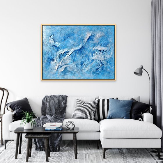 SEAFOAM BEAUTY. Large Abstract Blue White Textured Painting