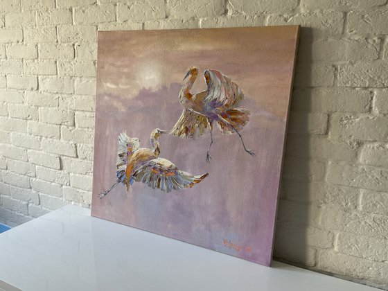 "Dance in the air". Birds in flight. Birds oil painting. Birds flying in the distance