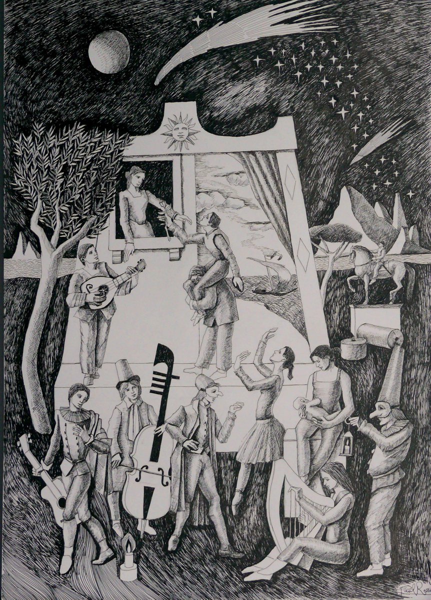 Graphic Portrait Ink Drawing By Paul Rossi, 17 X 24", Masquerade, Original Artwork