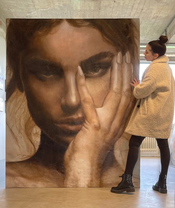 Gaze | Huge female portrait oil on unstretched canvas beautiful model posing with hand mysterious