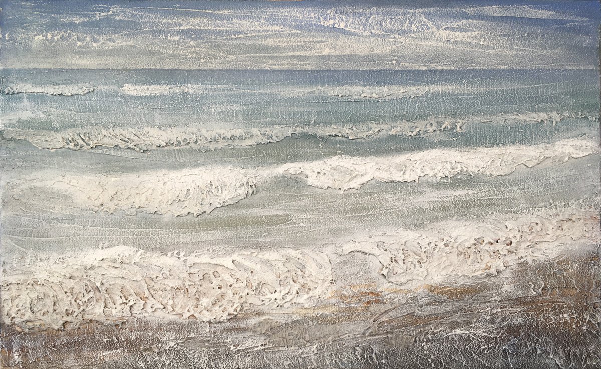 Impressionistic Landscape Acrylic Painting By Olga Kataeva-Rochford, 24 X 15", Waves Are Rolling In, Original Artwork