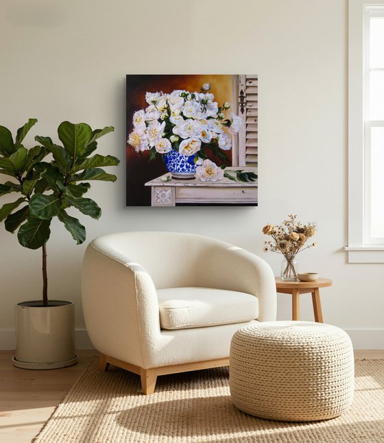 White Peonies in Blue Vase