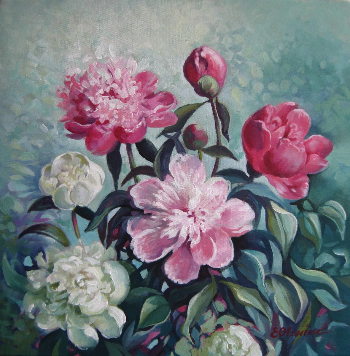 Peonies season - Floral art, Acrylic, 40x40 cm by Elena Oleniuc