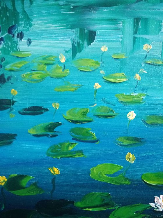 Waterlilies at the river. Pleinair painting