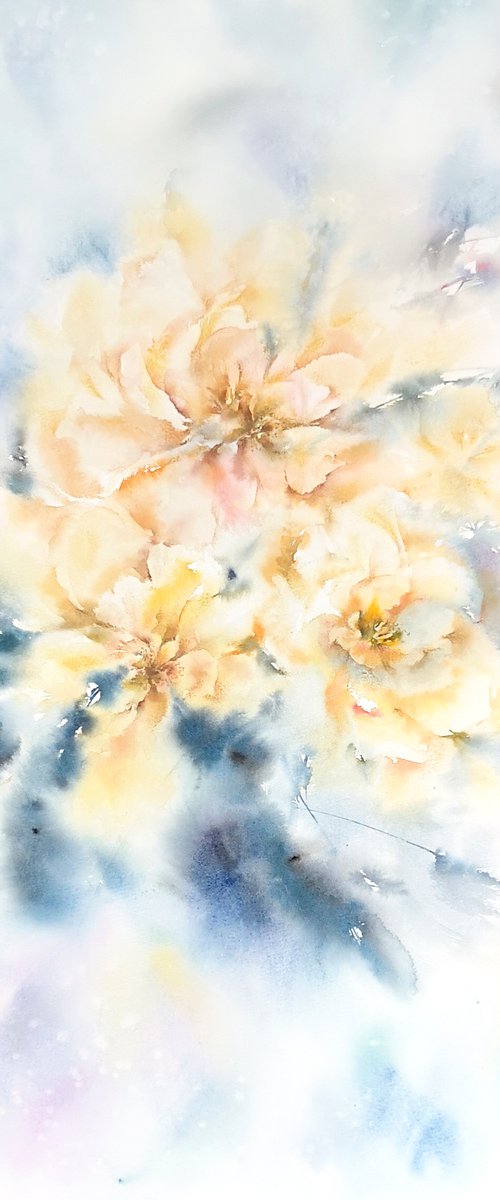 Yellow loose flowers, soft watercolor painting by Olga Grigo