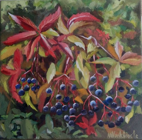 September. (oil square canvas painting of Beautiful colorful Parthenocissus nice for gift ready to hung)