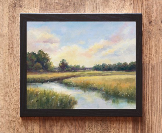 River at sunrise in soft tones