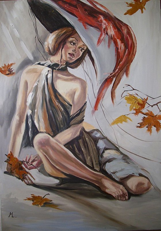 " AUTUMN LADY ...  " - original oil painting on canvas, gift, PALETTE KNIFE