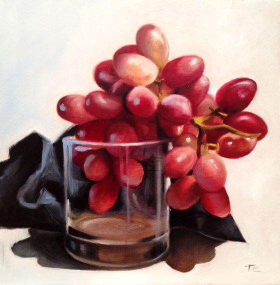 Glass of grape on white - original oil painting- 20 x 20 x 2 cm ( 8'x 8' x 0,8 ')