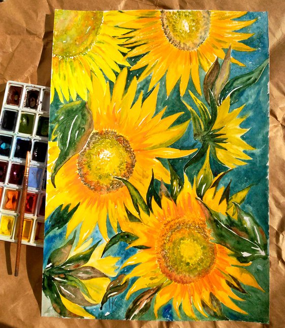 Sunflowers Painting Floral Original Art Flowers Small Watercolor Artwork Home Wall Art 12 by 17" by Halyna Kirichenko