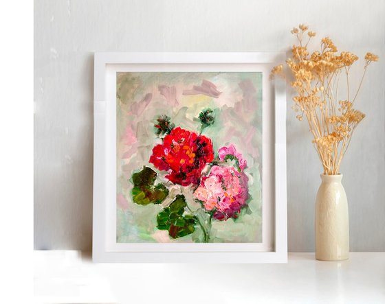 Geranium Painting Original Art Pink Floral Artwork Abstract Flower Wall Art