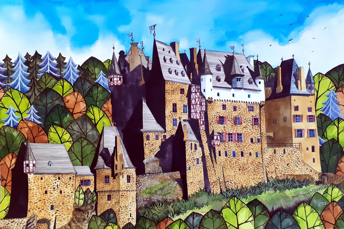 Illustrative Cityscapes Painting By Terri Smith, 28 X 20", Eltz Castle, Germany, Original Artwork