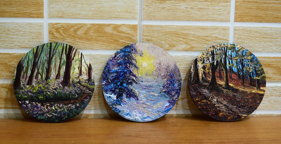 Spring + Autumn + Winter - Set of 3 oil paintings "Seasons" 10 cm round paintings(each)