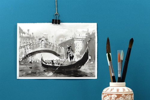 Rialto Bridge Venice, Italy, ink original ink drawing painting illustration by Marin Victor