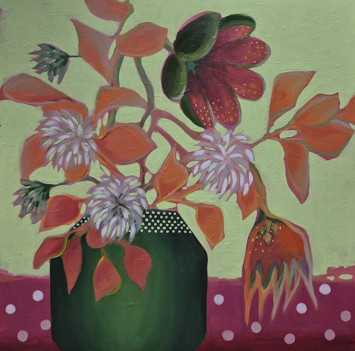 Impressionistic Botanical Oil Painting By Gitti Gv, 20 X 20, Merging Into Red Polka, Original Artwork