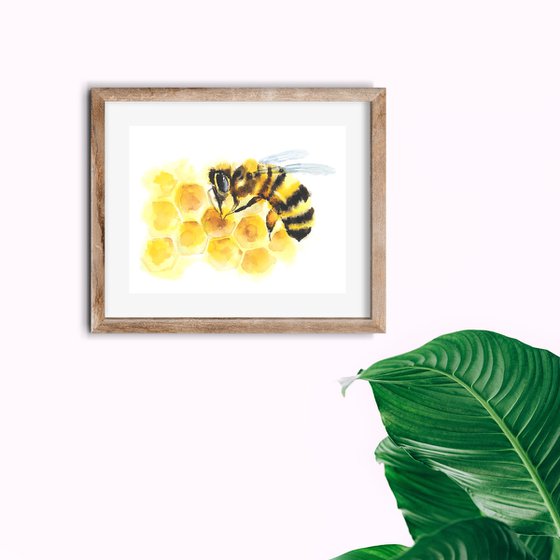 Bee on honeycomb, artwork, watercolor illustration