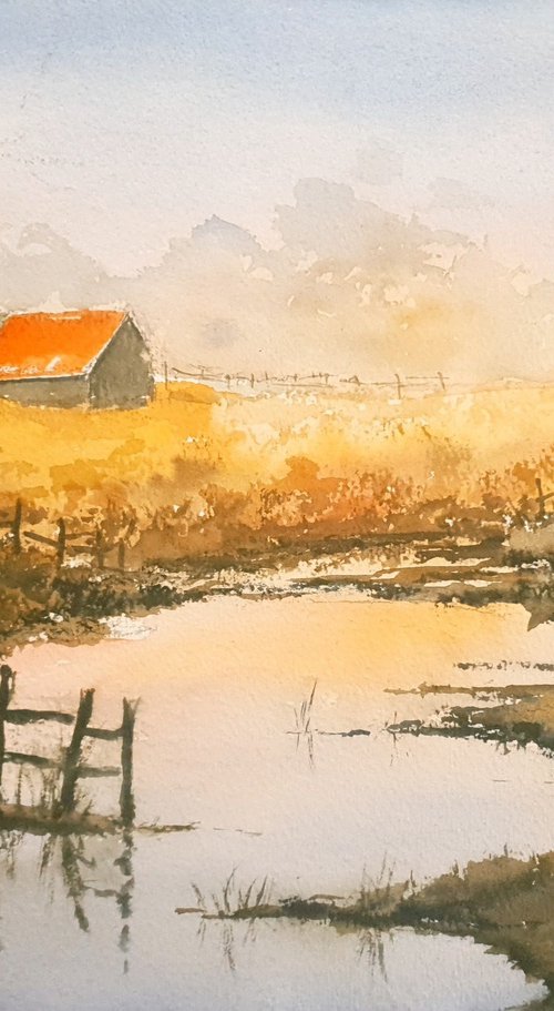 Barn and Stream Reflections, Early Morning by Charles Pierson