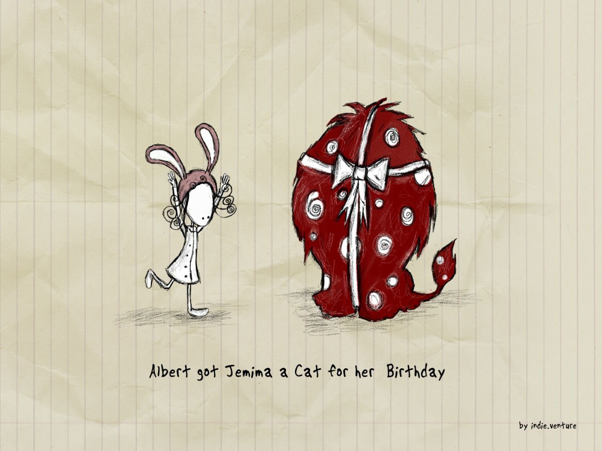 Albert and Jemima  ’ Albert got Jemima a Cat for her Birthday’ by Indie Flynn-Mylchreest of MeriLine Art