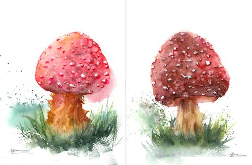 Set of 2 Mushroom Paintings by Olga Tchefranov (Shefranov)