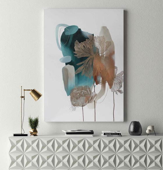 "Thincord 2" Abstract flower teal gold art