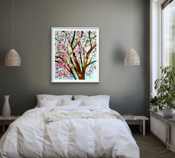 Apple blossom , spring in London pink, white, turquoise 61x71cm ready to hang oil painting