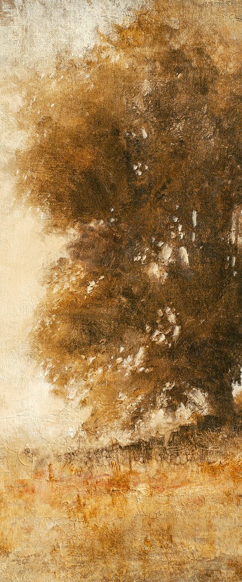 Misty Oak Tree 220819, Tonal tree impressionist oil painting by Don Bishop