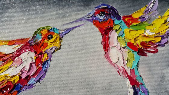 Little birds and big love - hummingbird, painting on canvas, animals oil painting, art bird, impressionism, palette knife, gift.