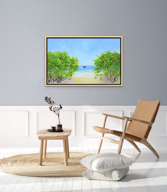 COASTAL PARADISE. SANIBEL ISLAND BEACH. Tropical Island Seascape Painting of Florida Beach and Fishing Boat.