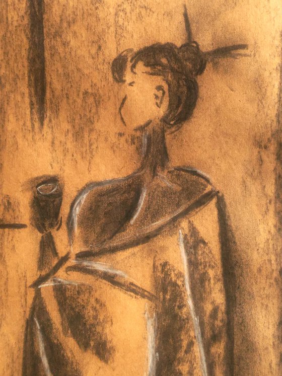 Coffee Time Painting Woman Original Art Lady Charcoal Drawing Wall Art 12 by 17 inches by Halyna Kirichenko