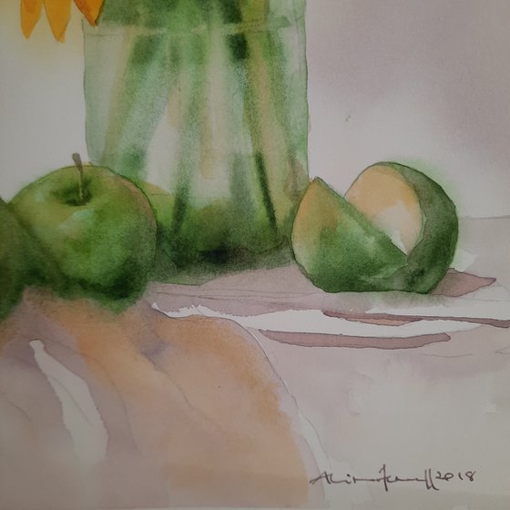 Sunflower Symphony - Original Watercolour Painting of Sunflowers and apples - UK Artist