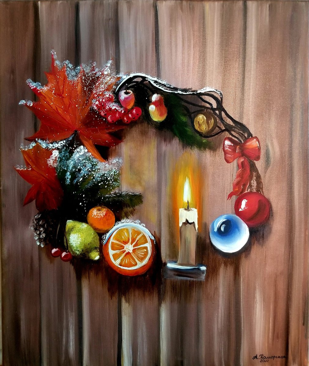 Christmas Wreath. Christmas Gift. New Year Gift. Original Oil Painting on Canvas. Gift for... by Alexandra Tomorskaya/Caramel Art Gallery