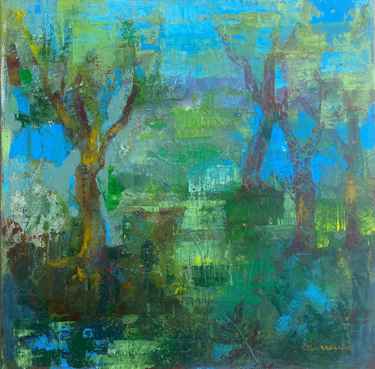 Abstract Landscape Acrylic Painting By Marcello Carrozzini, 16 X 16", Nudi, Original Artwork