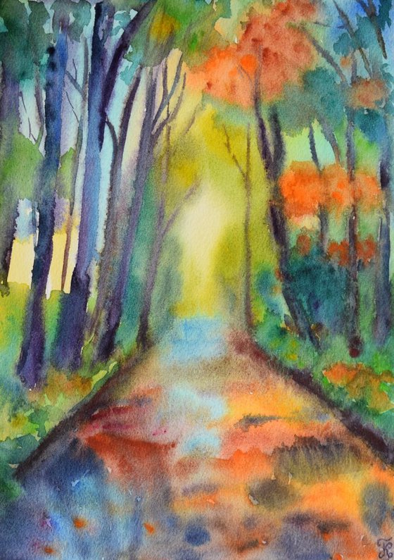 Fall watercolor painting Autumn forest with river