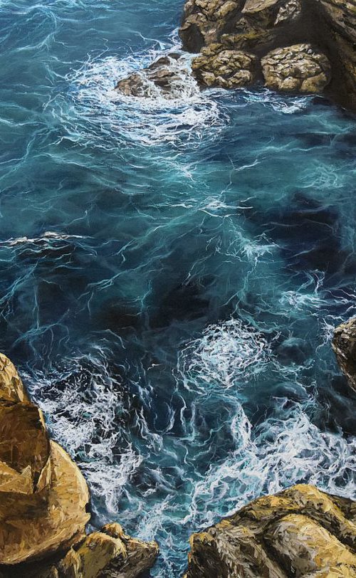 "Oceanic Paradise" 100 x 150 cm- large oil painting on linen canvas photorealism realism water ocean waves rocks by Elena Adele Dmitrenko