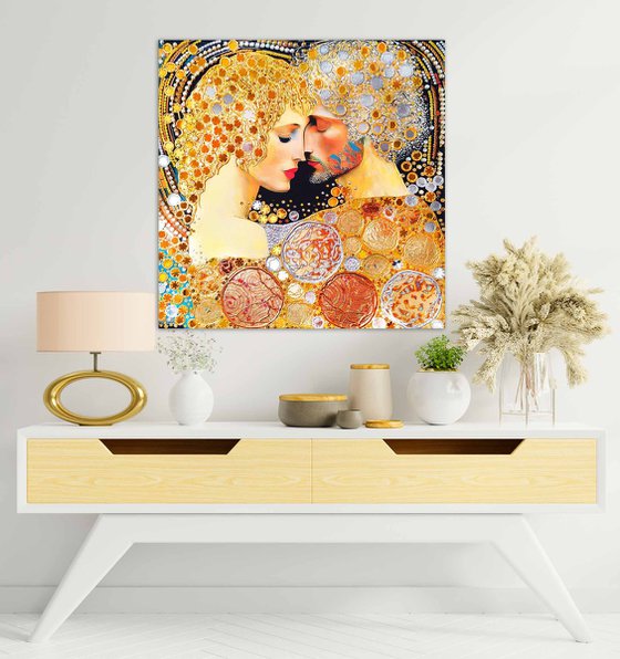 Love original painting. Golden decorative artwork with gold leaf. Gift for woman \ wife