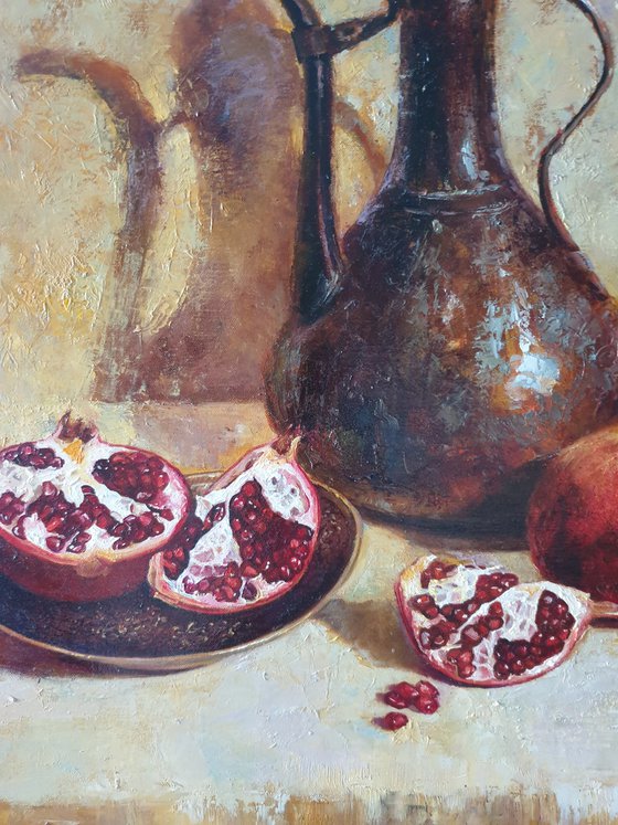"Oriental still life with pomegranate"   still life pomegranate liGHt original painting PALETTE KNIFE  GIFT (2019)