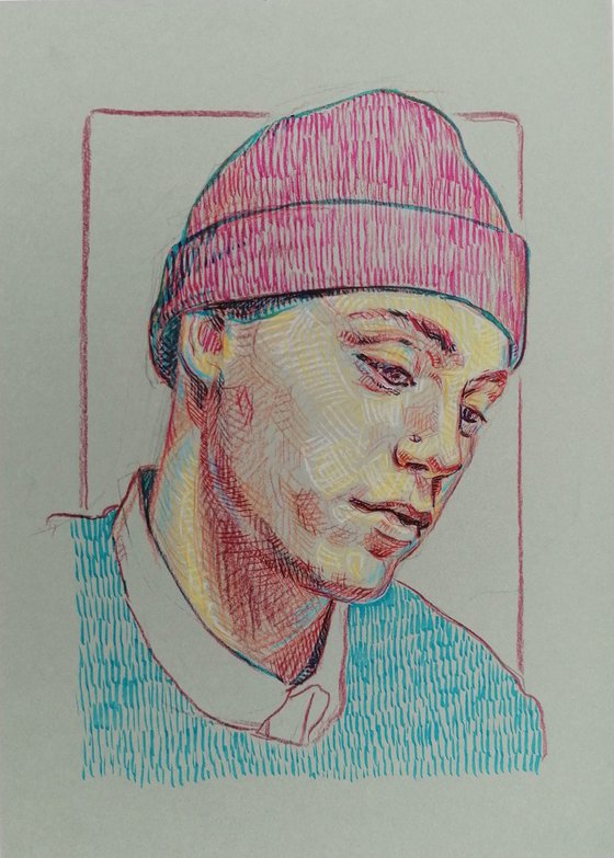 Colourful portrait drawing. Crayon portrait