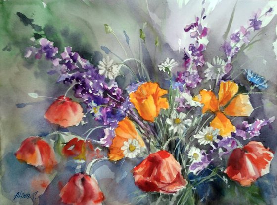 Bouquet of wildflowers, red yellow poppies original watercolor hand painting