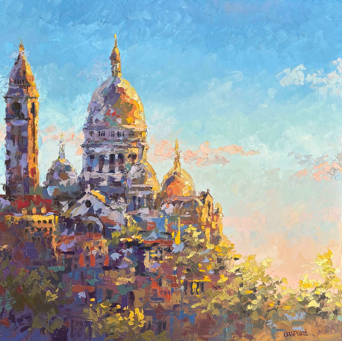 Impressionistic Cityscapes Oil Painting By Oxypoint, 20 X 20", "Basilica Of The Sacred Heart", Original Artwork