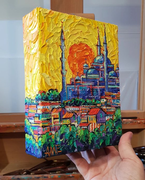 ISTANBUL SUNSET textured impasto palette knife oil painting on 3D canvas by Ana Maria Edulescu