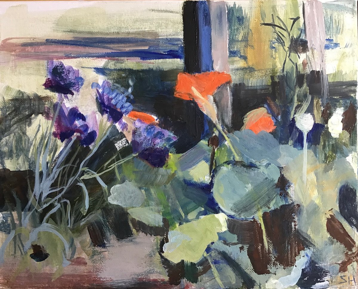 Organic Botanical Oil Painting By Sandra Haney, 12 X 9", Cornflower, Nasturtium, Poppy, Original Artwork