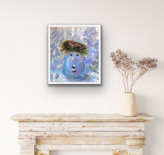 Snowman original oil painting - Nursery wall art - Winter gift idea