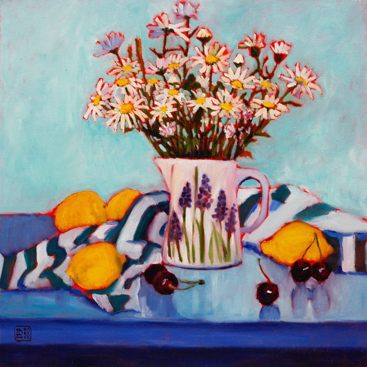 Still Life Oil Painting By Liudmila Pisliakova, 20 X 20", Camomiles, Lemons And Cherries, Original Artwork